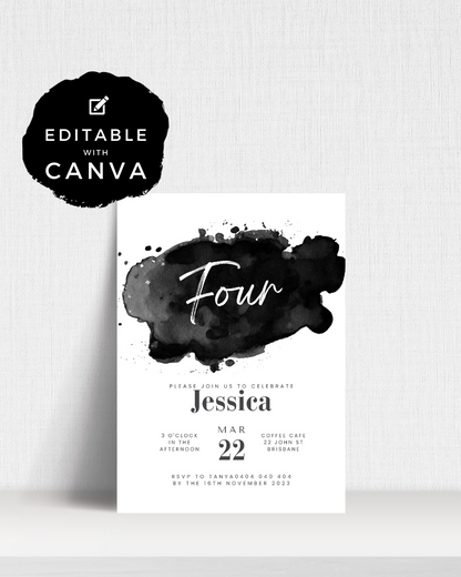 Invitation featuring a black watercolor splash with elegant text details for a celebration. Editable with Canva.