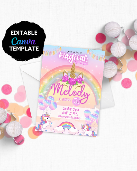 Colorful invitation with a unicorn, rainbow, and whimsical elements celebrating a child's birthday.