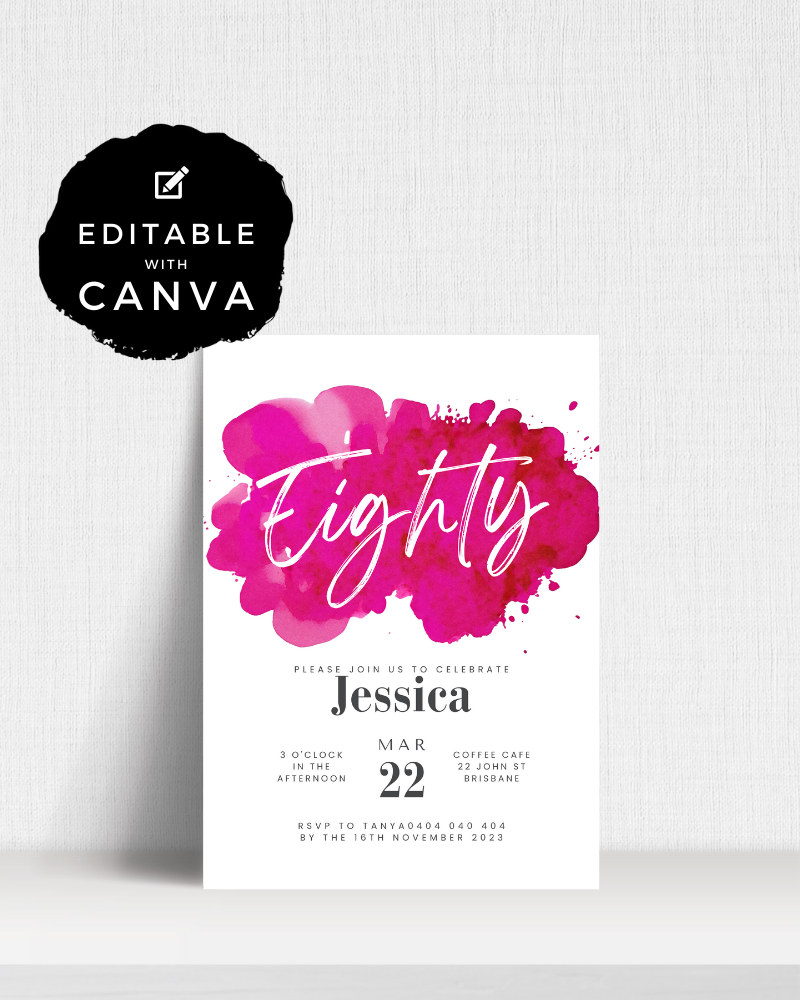 Elegant invitation with vibrant pink watercolor splashes, featuring celebratory text for a special event.