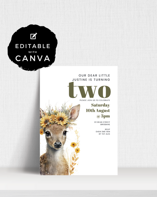 A cute deer with a floral crown, announcing a second birthday celebration on August 10th at 3 PM in Brisbane.