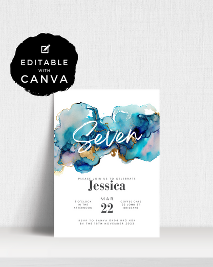 Colorful watercolor background with elegant text for a celebration invitation featuring a name and event details.