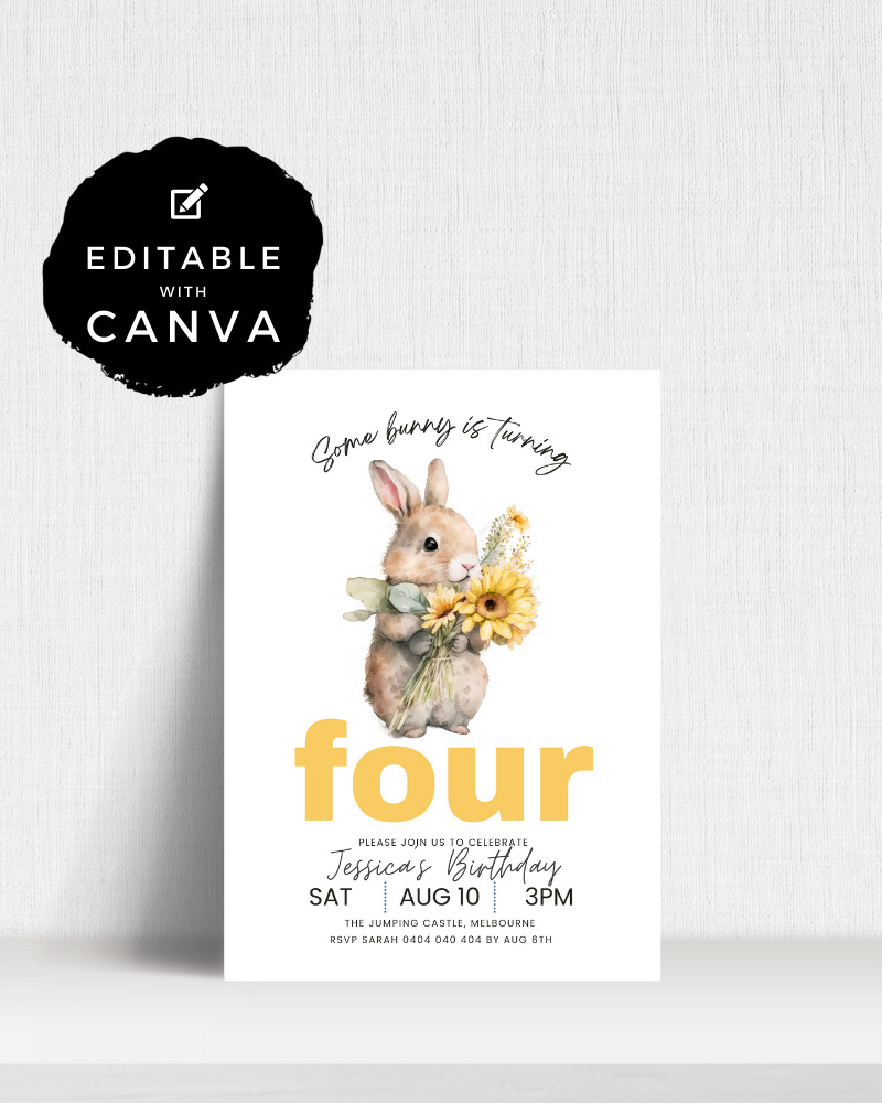 Whimsical invitation featuring a rabbit holding sunflowers, celebrating a birthday with vibrant text and cheerful details.