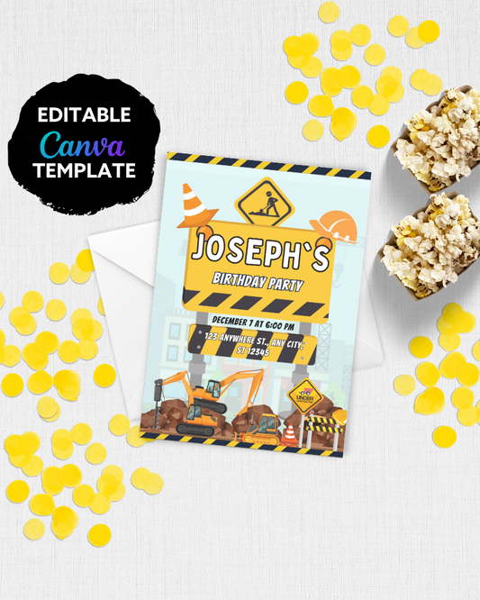 Colorful birthday invitation featuring construction theme, with yellow confetti and popcorn scattered on a light background.