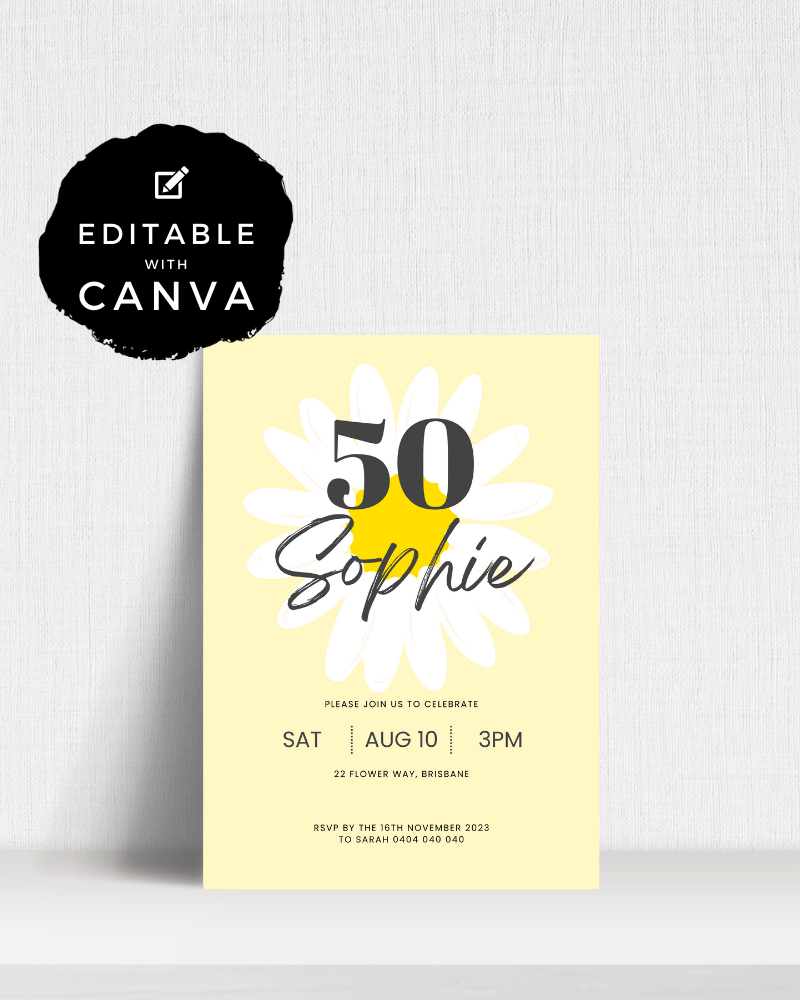 A cheerful invitation featuring a large daisy, bright colors, and details for a 50th celebration.