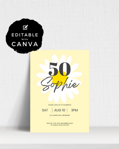 A cheerful invitation featuring a large daisy, bright colors, and details for a 50th celebration.