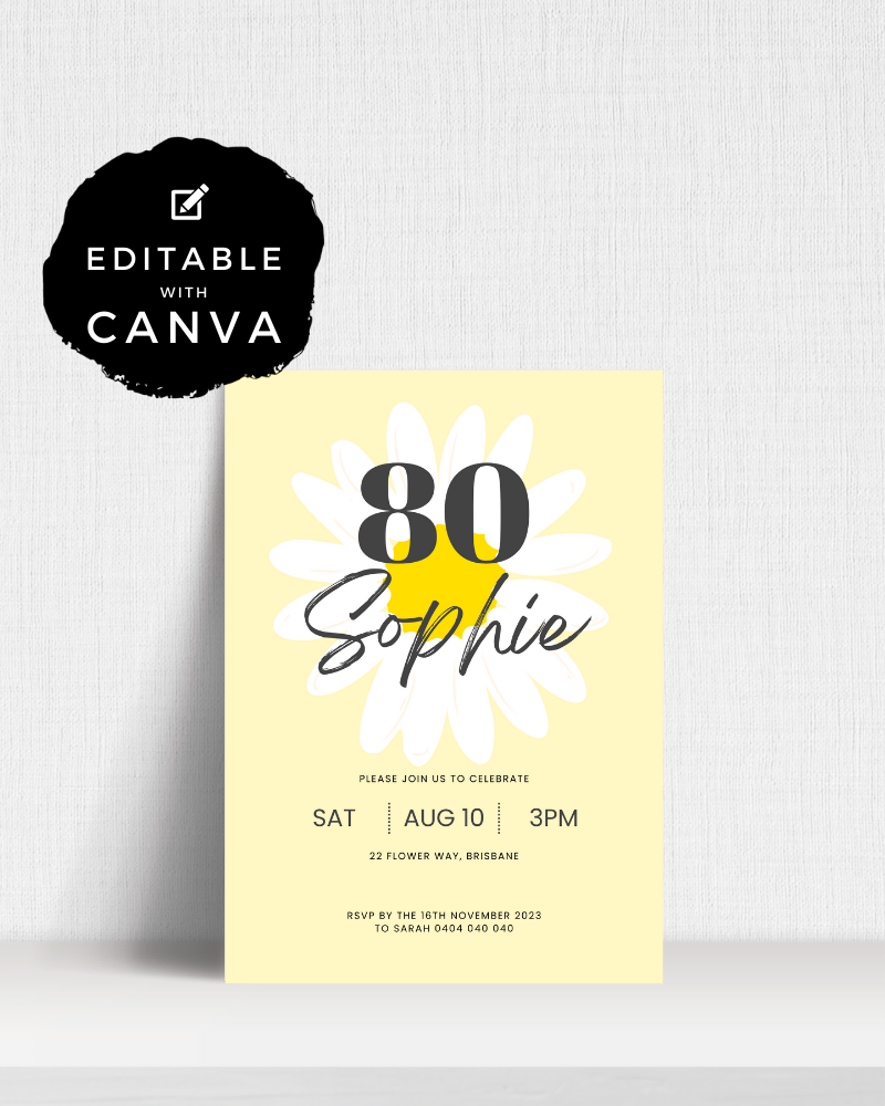 A cheerful invitation featuring a large daisy, celebrating Sophie’s 80th birthday on August 10 in Brisbane.