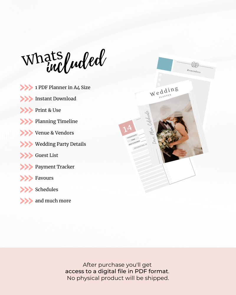 Wedding planner PDF with sections for timeline, guest list, vendors, and reminders, featuring a couple's photo.