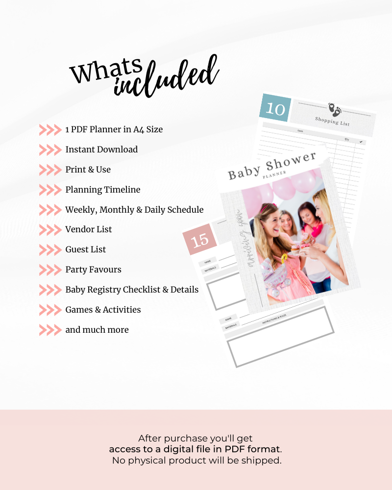 A digital planner for baby showers, featuring lists, schedules, and planning timelines in a pastel theme.