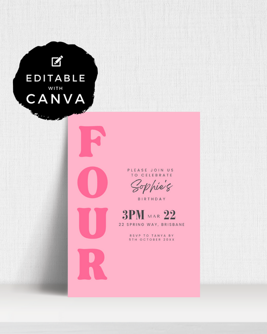 Pink birthday invitation featuring large "FOUR" and details for a celebration in Brisbane. Editable with Canva.