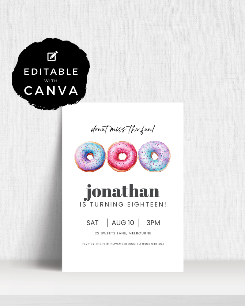 Colorful frosted rings arranged above an invitation for Jonathan's 18th birthday celebration, with RSVP details included.