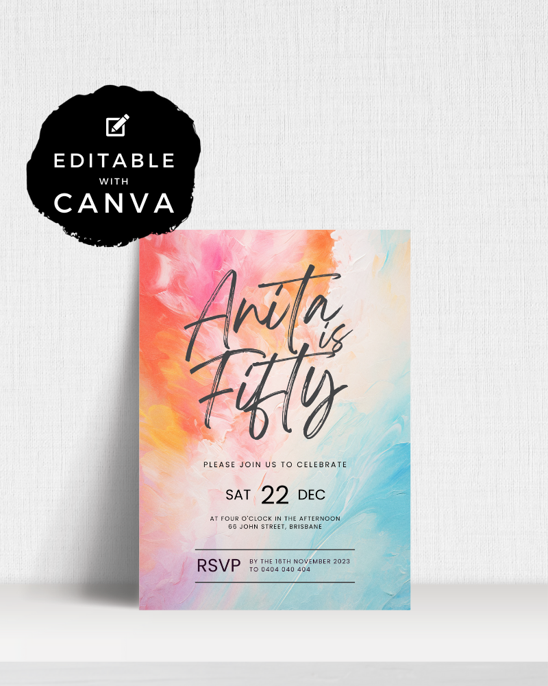 Colorful invitation featuring flowing pastel hues, elegant script, and event details for a 50th celebration.