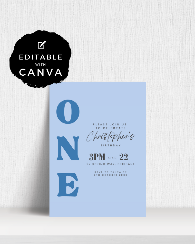 Birthday invitation featuring blue background, large "ONE," and details for Christopher's celebration.