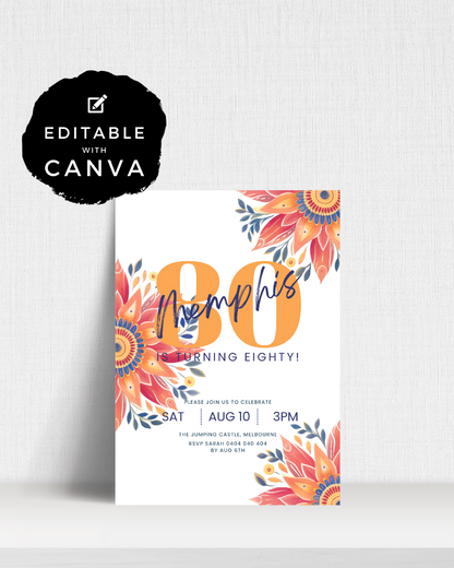 Colorful floral accents surround bold text announcing an 80th birthday celebration in a festive layout.