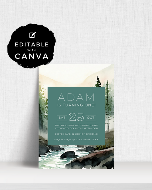 Birthday invitation featuring serene landscape with trees, water, and event details in elegant typography.