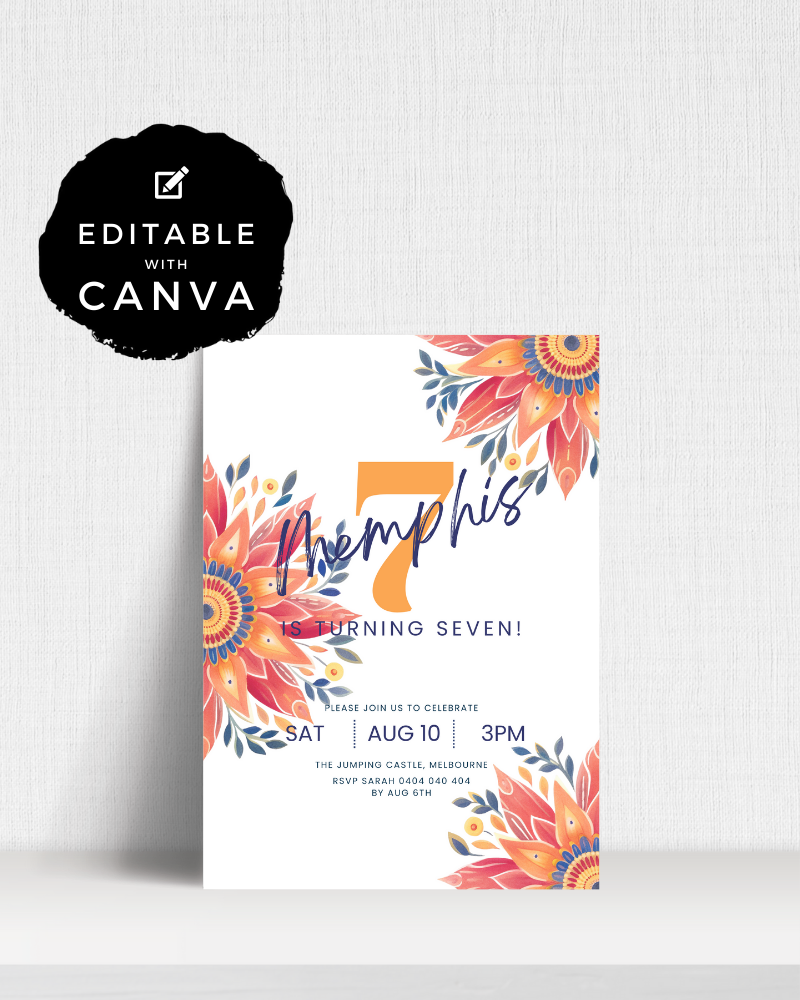 Colorful invitation featuring floral designs, announcing a seventh birthday celebration with event details.