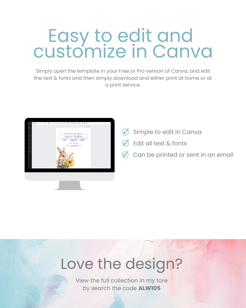 Editable template displayed on a computer screen, featuring floral elements and a cute bunny illustration.