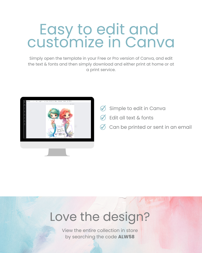 Template showcasing colorful characters on a screen, with instructions for easy editing and customization.