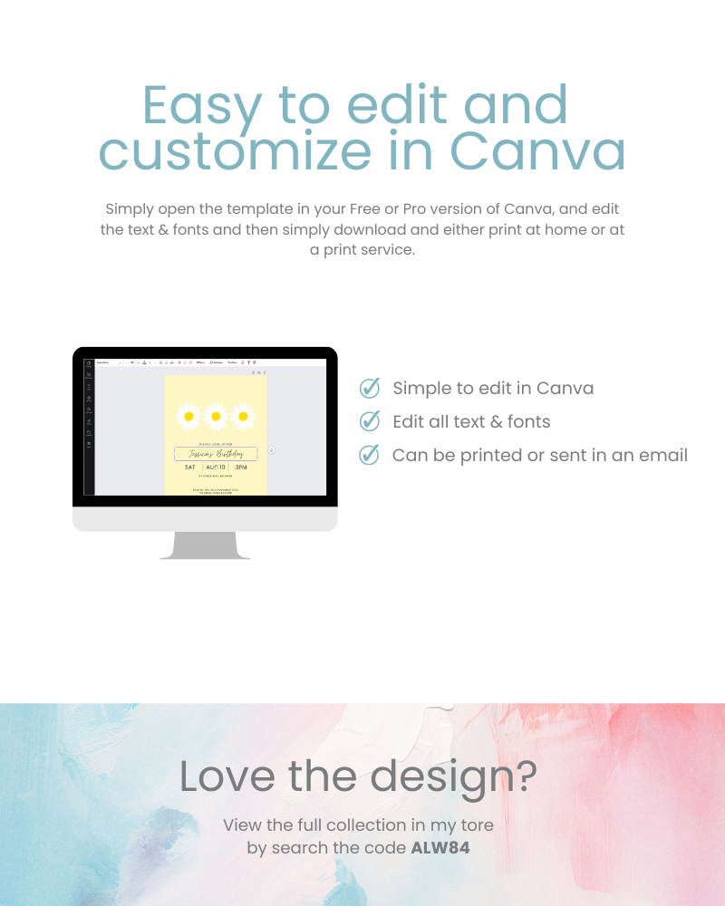 A computer screen displays a customizable template for a birthday celebration invitation with floral accents.