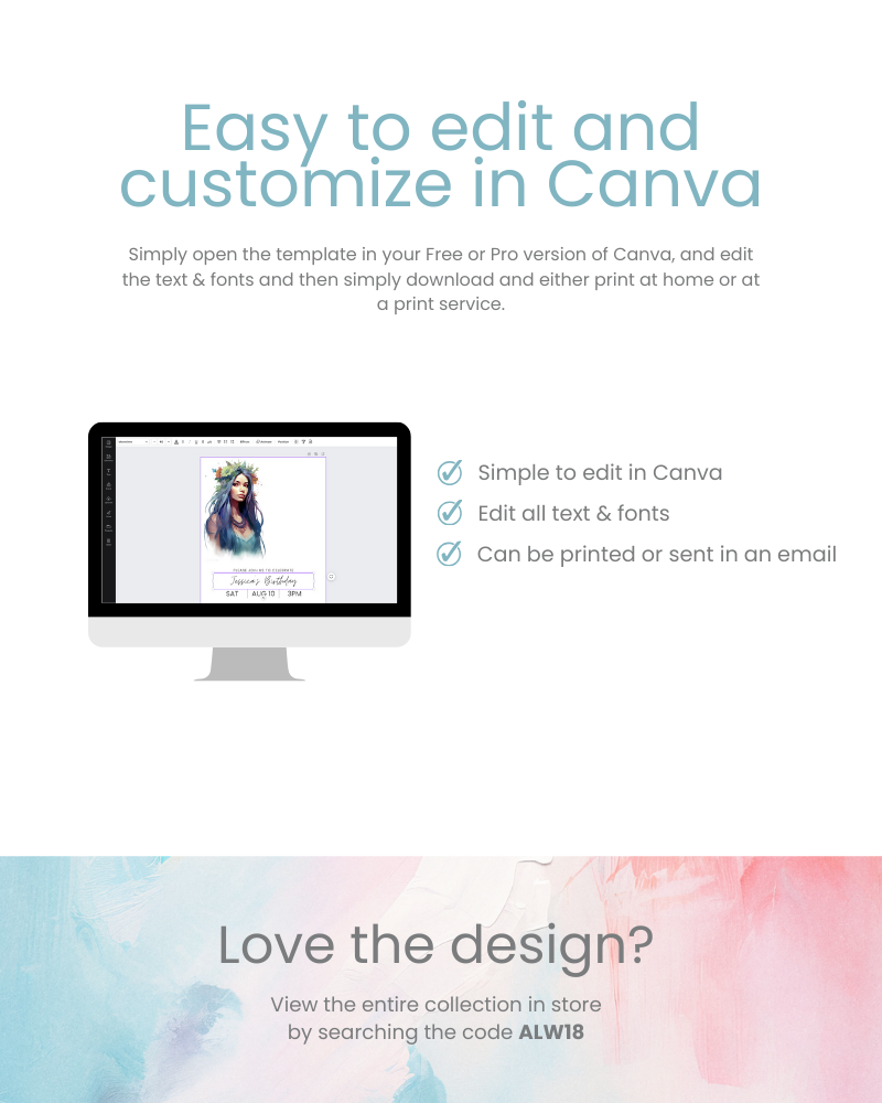 Editable template displayed on a screen, featuring a colorful background and customizable text options.