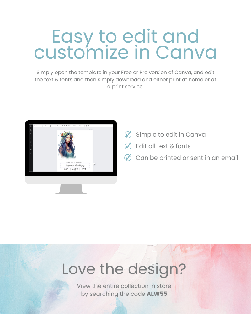 A computer screen displaying an editable template with floral artwork and instructions for customization in Canva.