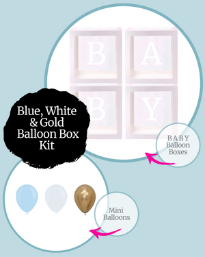 
            
                Load image into Gallery viewer, Blue, White &amp;amp; Gold BABY Balloon Box Kit
            
        