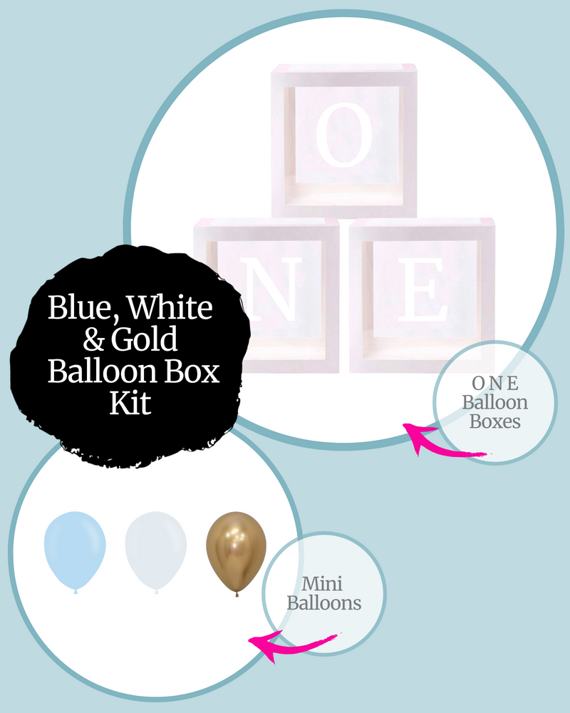 
            
                Load image into Gallery viewer, Blue, White &amp;amp; Gold ONE Balloon Box Kit
            
        