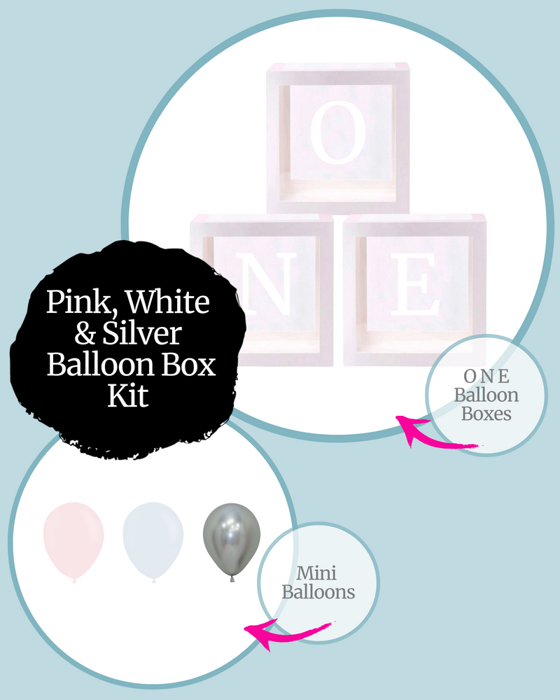 
            
                Load image into Gallery viewer, Pink, White &amp;amp; Silver ONE Balloon Box Kit
            
        