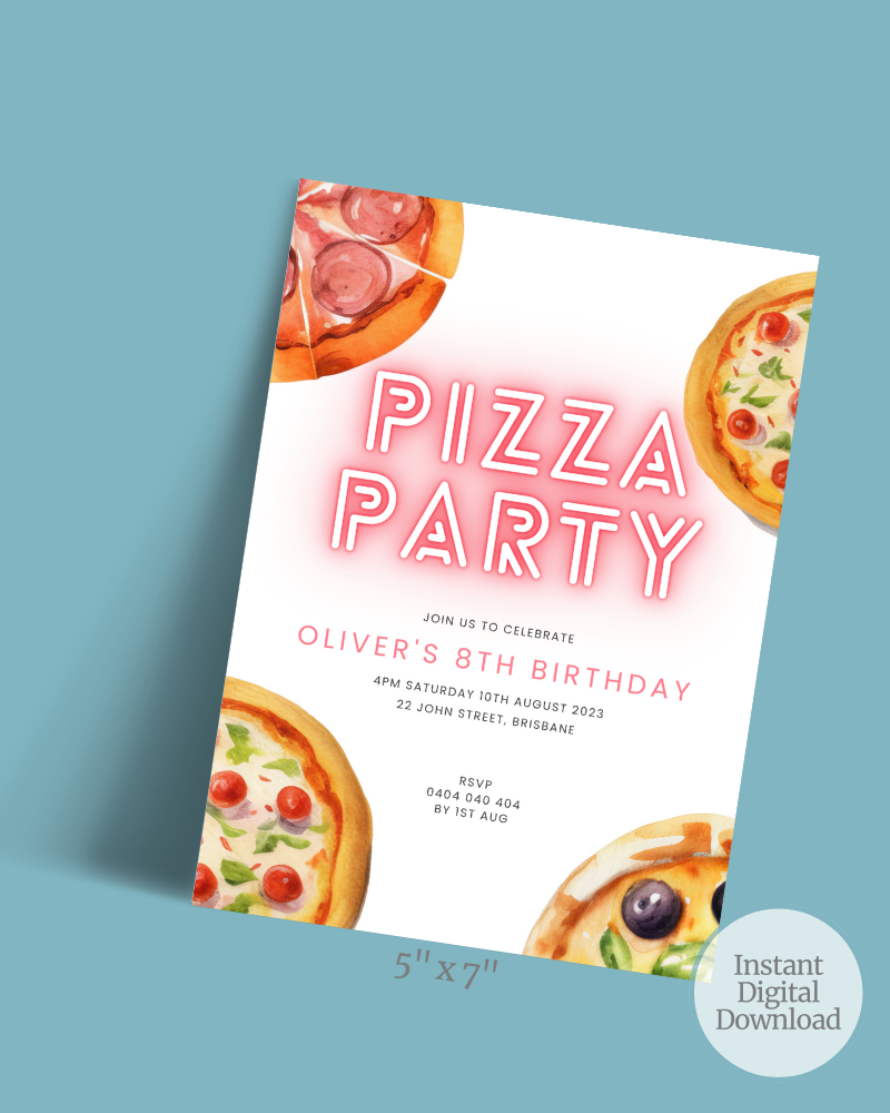 Colorful invitation featuring pizza slices and neon text for an 8th birthday celebration.