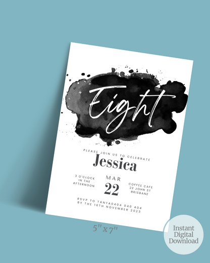 A modern invitation featuring elegant script and a watercolor splash, announcing a celebration for Jessica's eighth birthday.