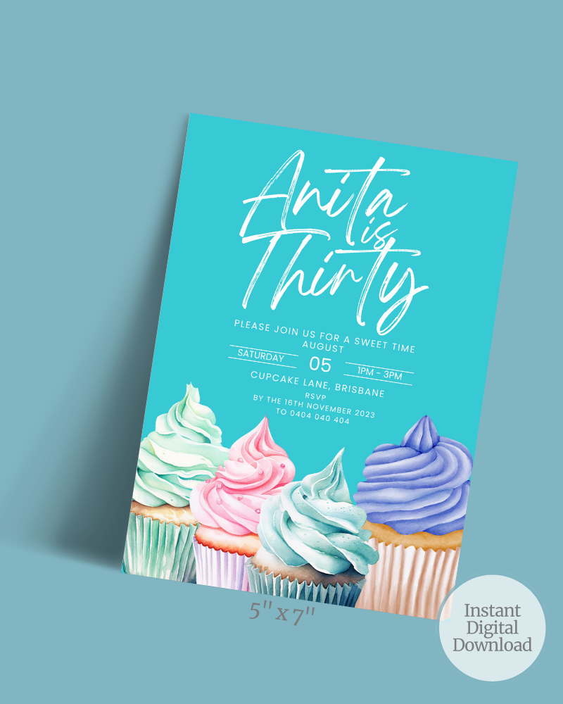 Invitation featuring colorful cupcakes with swirled frosting against a bright turquoise background, celebrating a birthday.