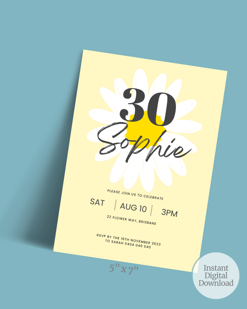 Celebratory invitation featuring a large daisy, bright colors, and details for a 30th birthday gathering.