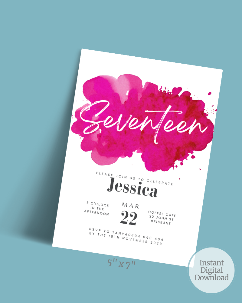 Colorful invitation featuring the word "Seventeen" in bold, playful typography with splashes of pink watercolor.