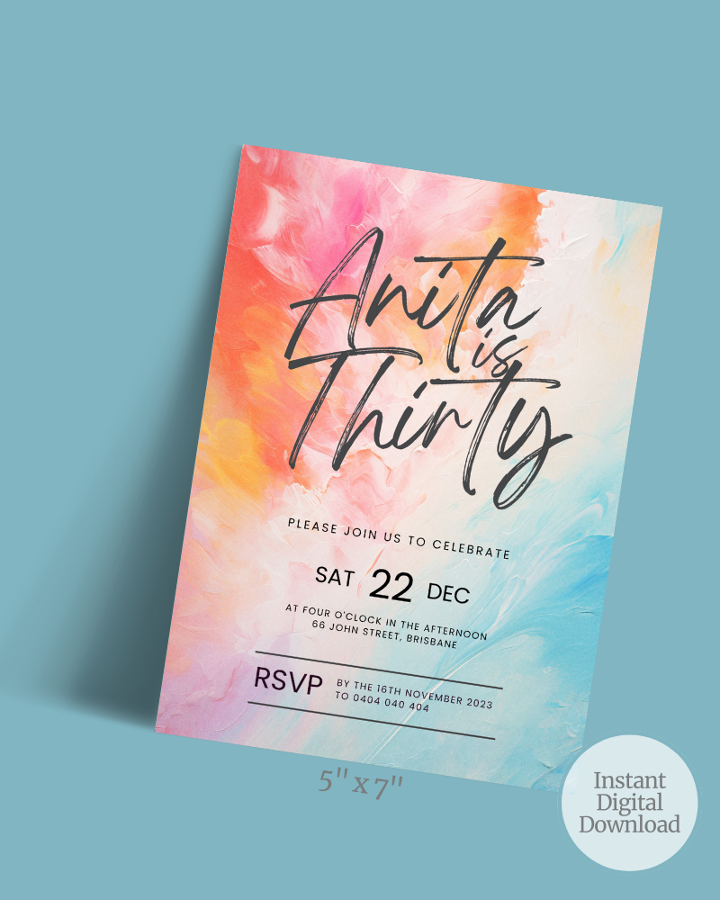 Colorful invitation featuring swirls of pink, orange, and blue, celebrating Anita's thirtieth birthday.