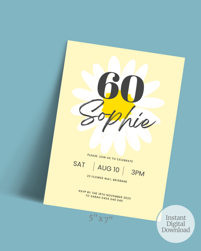 A cheerful invitation featuring a large daisy, celebrating a 60th birthday with details in elegant typography.