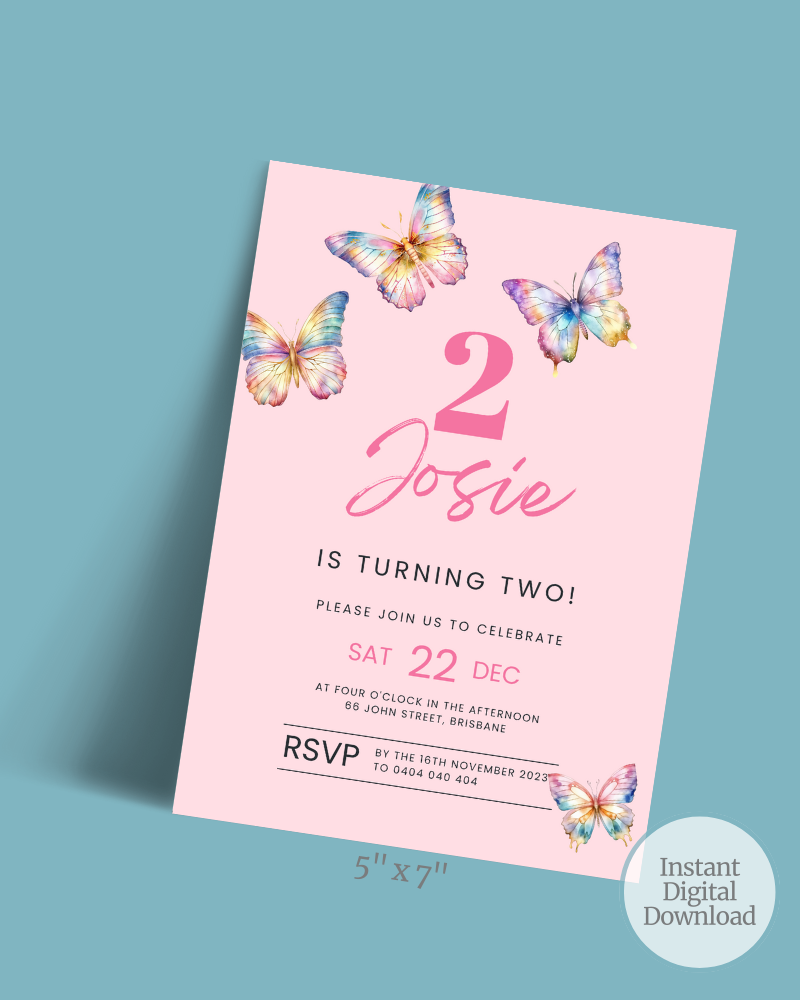 Colorful butterflies surround a pink invitation celebrating Josie's second birthday with event details and RSVP information.