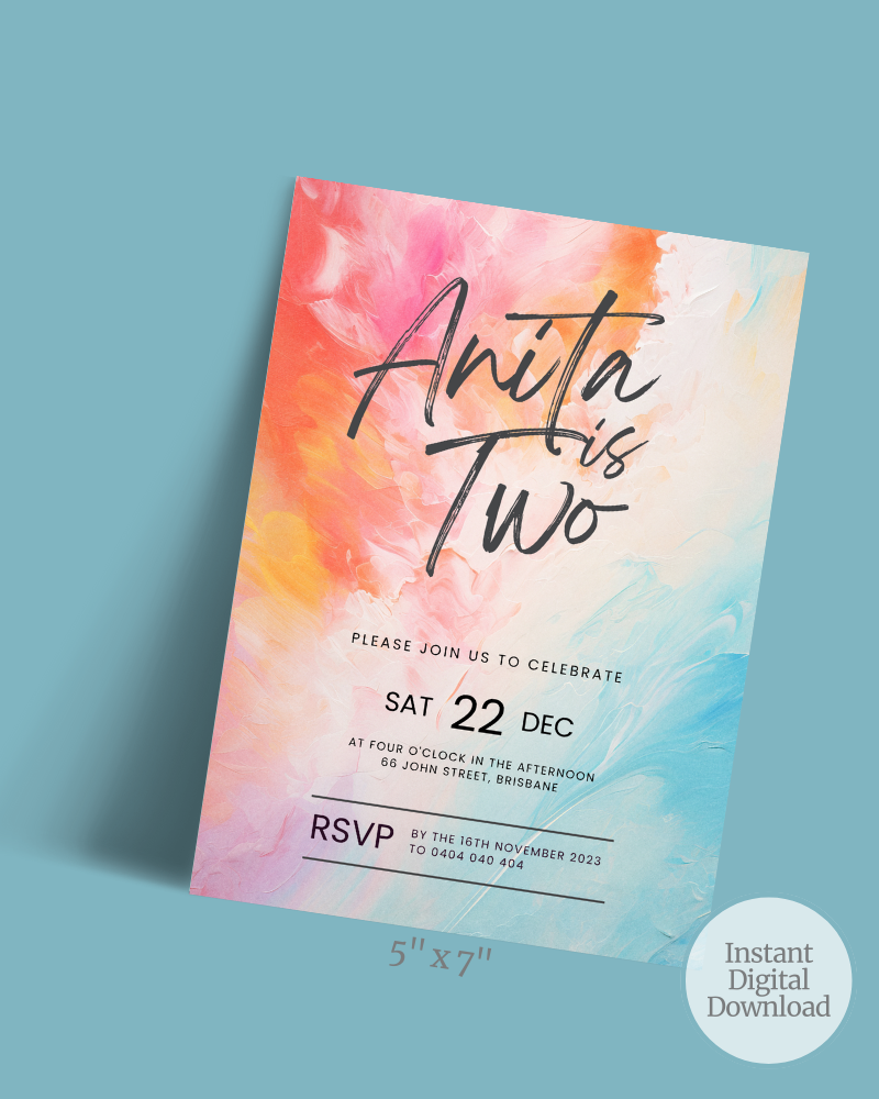 Colorful invitation featuring soft pink, orange, and blue swirls with bold black text celebrating a second birthday.