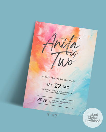 Colorful invitation featuring soft pink, orange, and blue swirls with bold black text celebrating a second birthday.