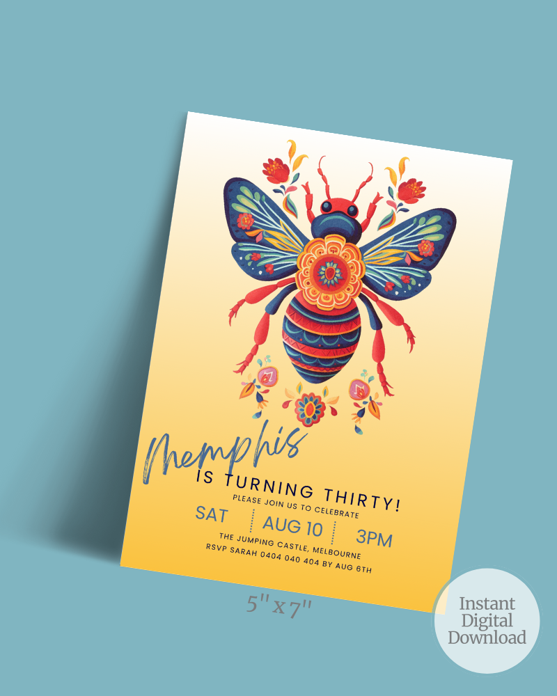 Colorful bee illustration adorned with floral patterns, featuring party details for a 30th birthday celebration.