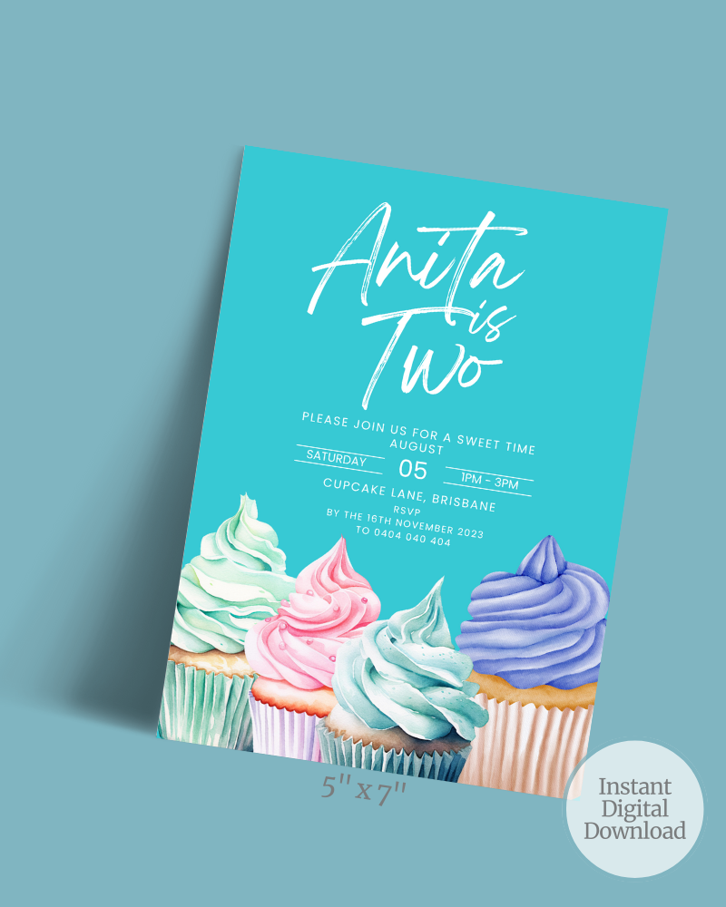 Invitation featuring colorful swirled frosting cupcakes on a teal background, celebrating Anita's second birthday.