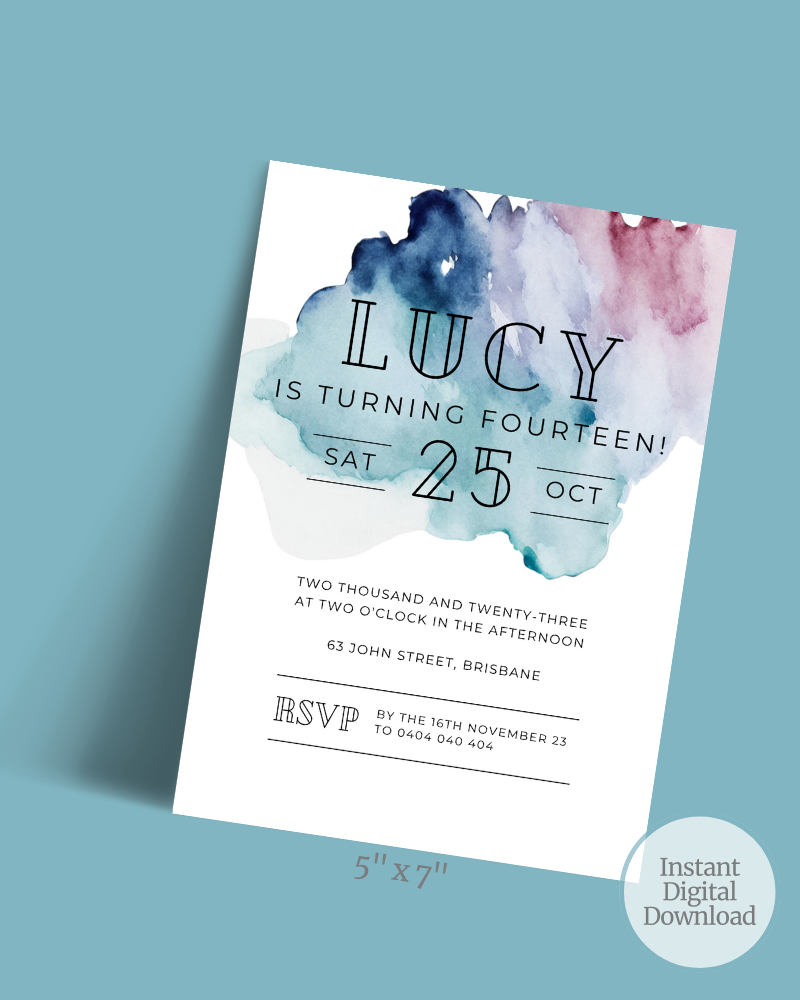 A colorful invitation featuring soft watercolor splashes, announcing Lucy's 14th birthday party details.