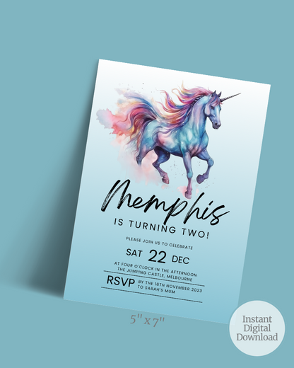 Colorful unicorn illustration with flowing mane, text announcing a birthday celebration, and RSVP details.