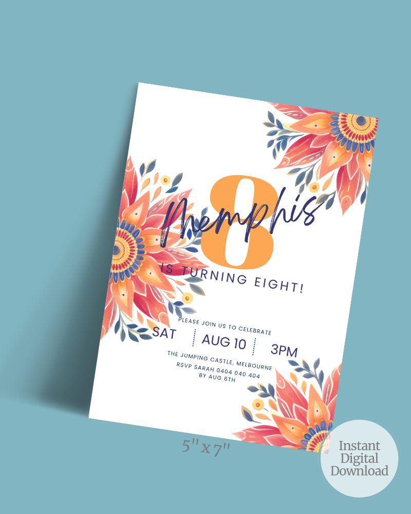 Colorful invitation featuring floral designs and bold text announcing an eighth birthday celebration.