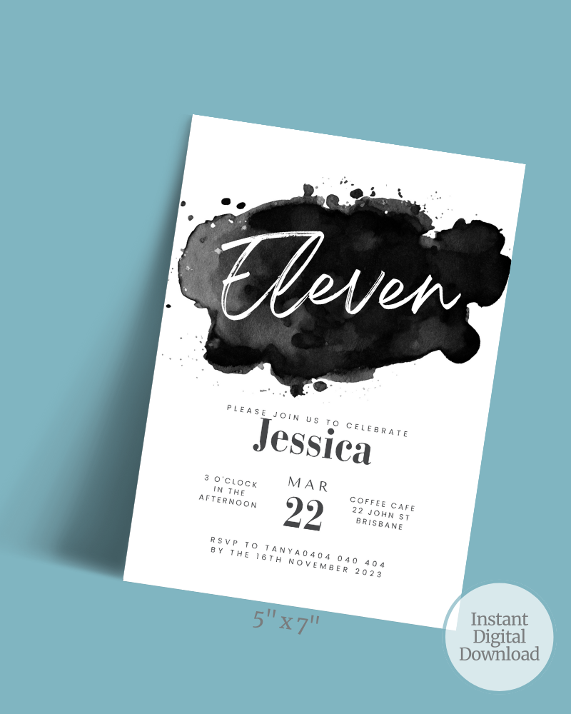 Black watercolor splash background with bold text for a birthday celebration invitation featuring elegant typography.