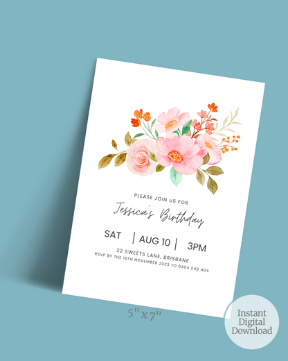 Birthday invitation featuring soft pink flowers and green leaves on a light background with event details.