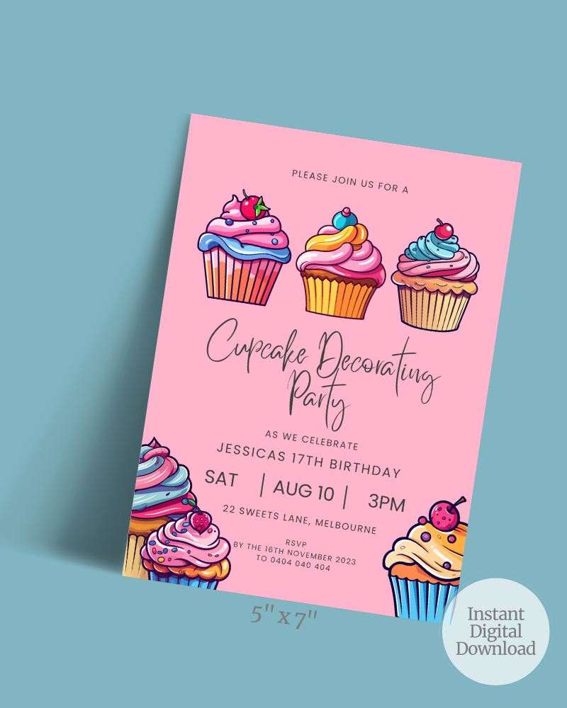 Colorful cupcake illustrations on a pink background, inviting to a birthday decorating party for Jessica's 17th.