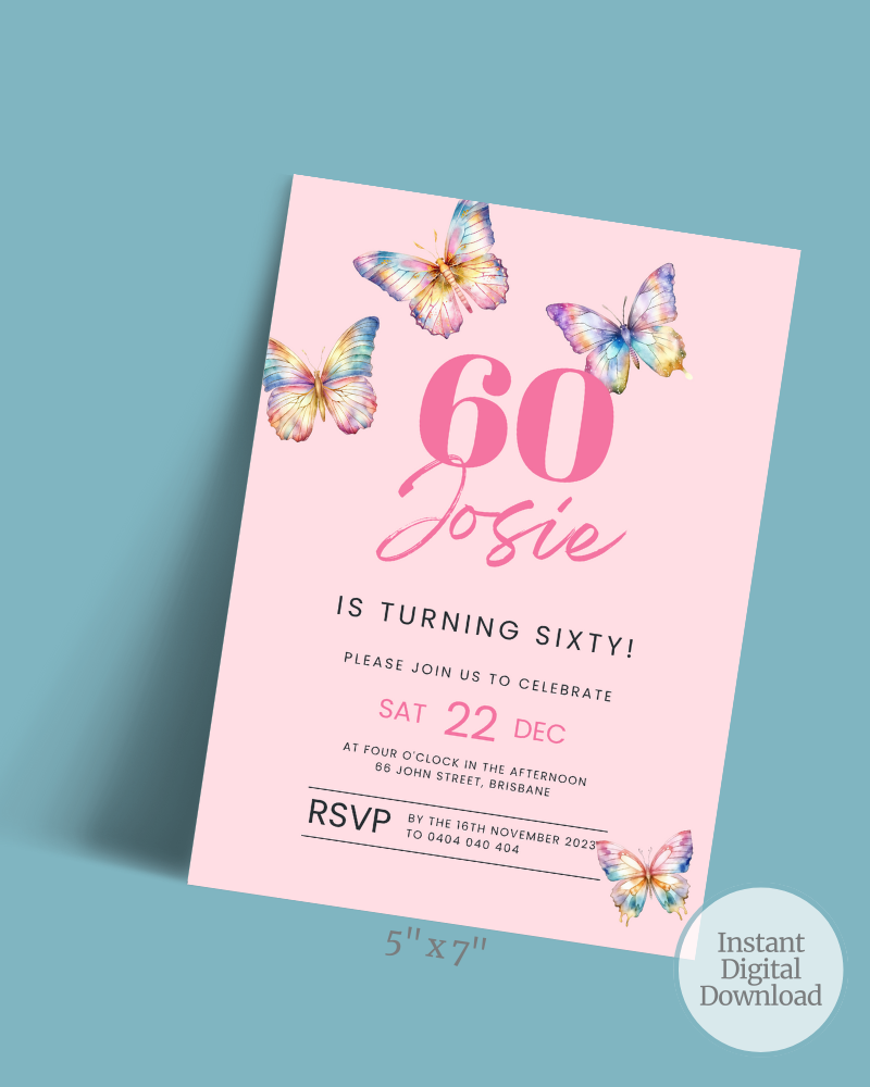 Bright pink invitation with colorful butterflies, celebrating Josie's 60th birthday on December 22. RSVP details included.