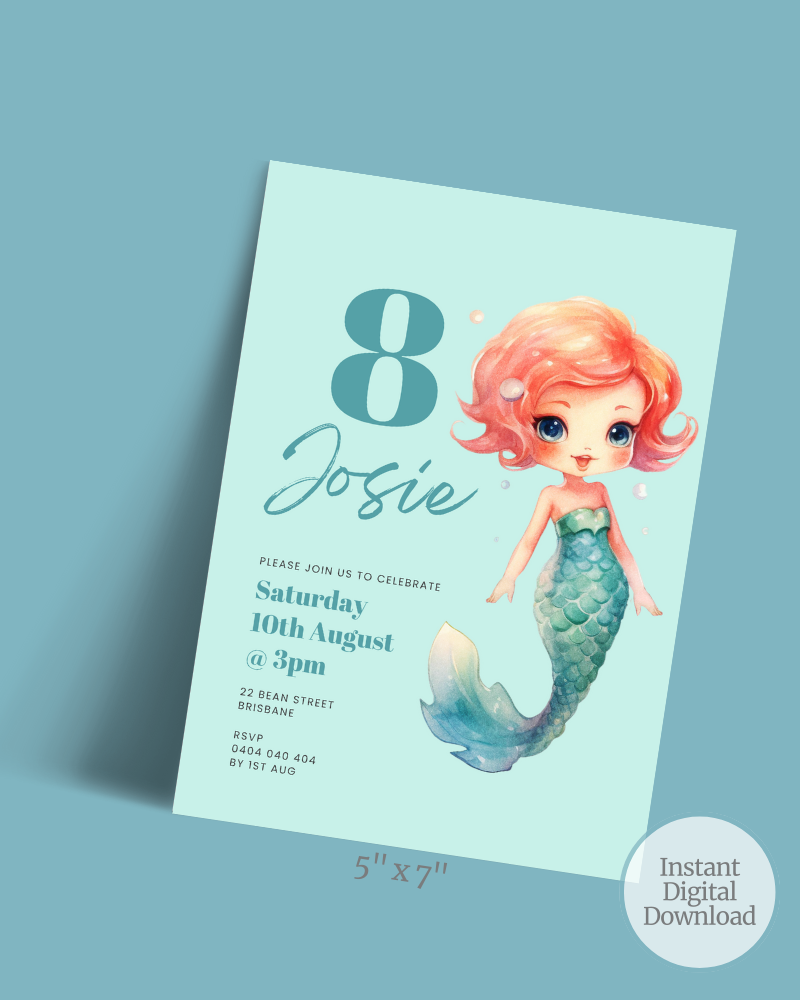 A whimsical invitation featuring a mermaid girl with pink hair, celebrating a birthday on a soft teal background.