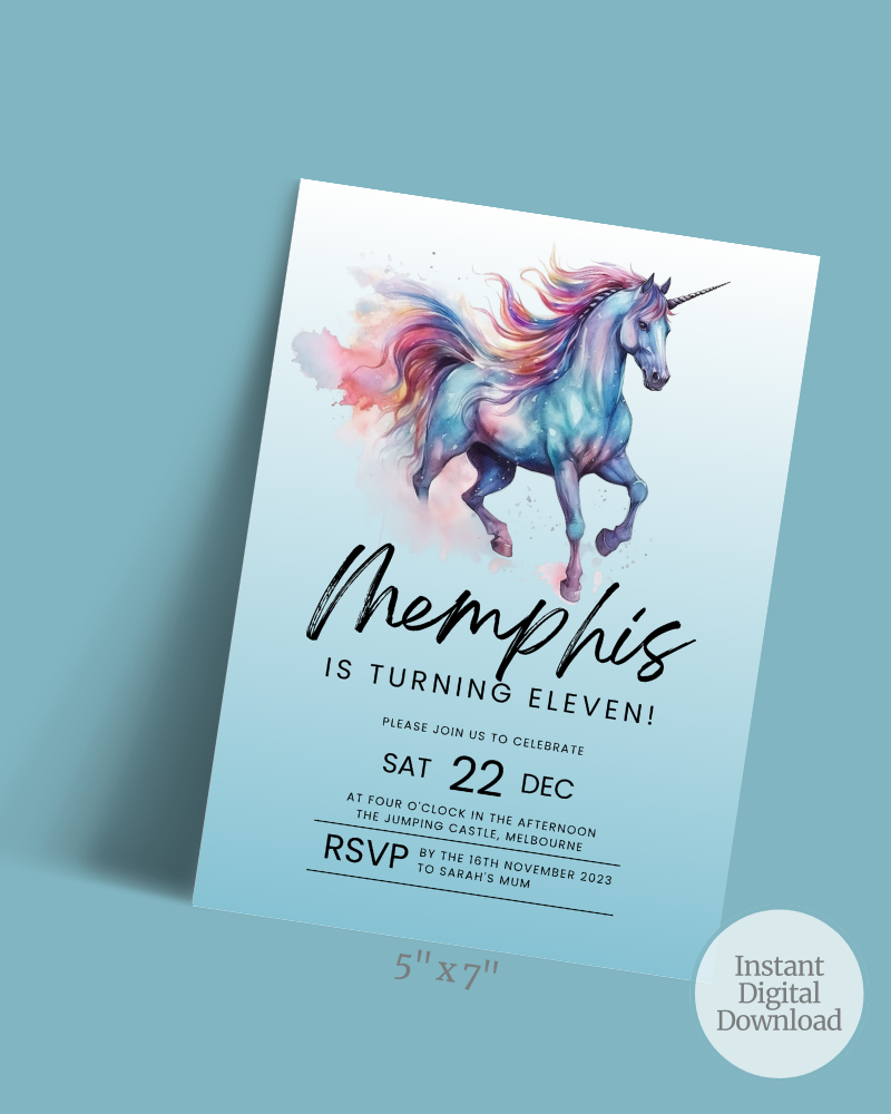 A whimsical unicorn with colorful mane, celebrating an 11th birthday invitation in soft pastel tones.