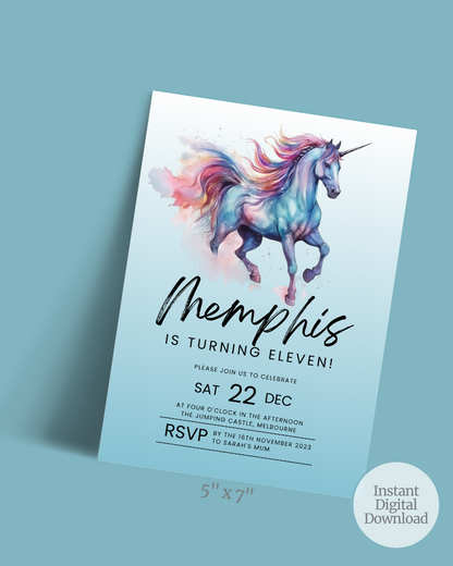 A whimsical unicorn with colorful mane, celebrating an 11th birthday invitation in soft pastel tones.