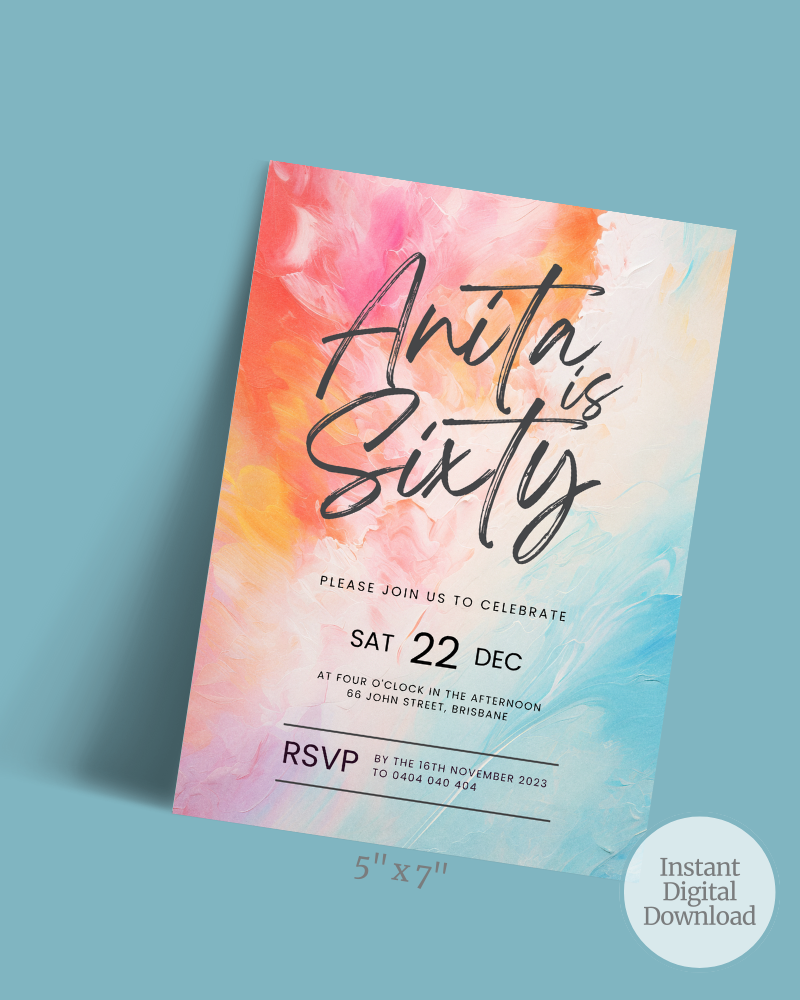 Colorful invitation featuring a vibrant swirl of pastel hues with elegant handwritten text celebrating a milestone birthday.